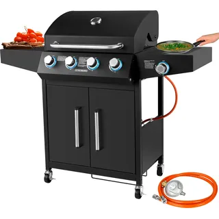 Steinborg Gasgrill 4 Brenner Grillwagen Gasgrill mit Seitenbrenner Beleuchtete Drehknöpfe Grillstation Gasgrillgerät Gasgrillstation Gaskocher Grill mit Gasbetrieb Gas-Außenküche Gasbarbecue Propangasgrill