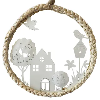 khevga Frühlings-Türkranz 18 cm – Metallkranz mit Seegras umwickelt & Juteschnur zum Aufhängen – Haus mit Blumen & Baum Motiv in Weiß – Perfekte Frühlingsdeko für Haustür & Sommerdeko