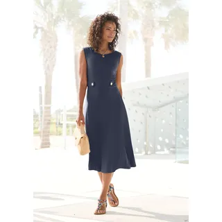 Midikleid LASCANA "mit dekorativen Riegeln und goldenen Zierknöpfen, bügelfreie Qualität", Damen, Gr. 34, N-Gr, blau, Jersey, Obermaterial: 95% Polyester, 5% Elasthan, unifarben, figurumspielend kniebedeckend, Rundhals, Kleider Midikleid, Elegantes Sommerkleid, Trägerkleid, Partykleid, festlich, Topseller