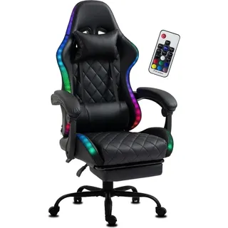 Delman Gaming Stuhl Bürostuhl Ergonomisch RGB LED Beleuchtung Kunstleder Sessel mit Fußstütze Metallfußkreuz 02-0055BK - Schwarz
