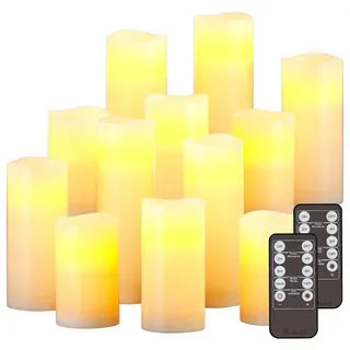 Britesta dimmbare LED-Kerzen: 12er-Set dimmbare LED-Echtwachskerzen mit Fernbedienung, in 5 Größen (Kerzen/Echtwachs mit Timer, Elektrische Wachs-Kerzen, Flamme)