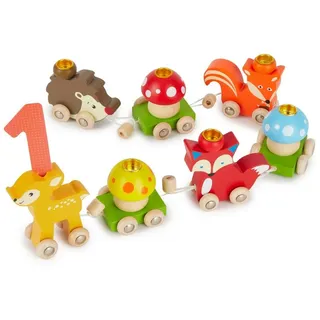 Bieco Holz Geburtstagszug Waldtiere mit Zahlen 0-9 Jahre | 17 TLG., Länge ca. 59 cm | Kerzen Geburtstagszug | Holz Eisenbahn Kinder Geburtstagszug Holz | Geburtstagskerzen Zahlen | Holz-Zug