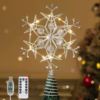 Lewondr Christbaumspitze, Metallrahmen Schneeflocke Weihnachtsbaumspitze mit 15 Lichtkugeln, USB Betrieben Weihnachten Baumspitze mit 6H Timer, Weihnachtsbaum Dekoration für die Weihnachtsdekoration