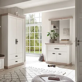 Garderobenprogramm im Landhausstil FERNA-61 mit Wandspiegel, Pinie weiß Nb. mit Absetzungen in Pinie dunkel Nb. - Braun