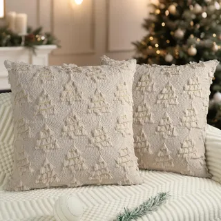 Miaikoe Weihnachtskissenbezüge 45x45 cm 2er Set Dekorative Wollkissenbezug Weiches Plüsch Fälschungsfell Weihnachtsbaum Goldene Linien für Feiertage Winter Wohnzimmer Sofa Beige