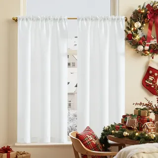TOPICK Scheibengardine Leinenoptik Bistrogardine 2er Set 115Hx90B cm Uni Kurzer Küche Vorhänge Gewebe Gitter Lichtdurchlässig Paarig Schals für Wohnzimmer Landhaus Kleine Fenster Weiß