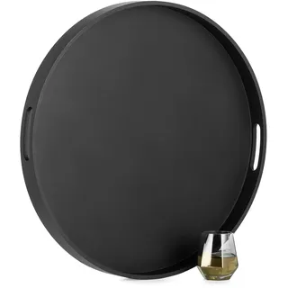 Hanobe Serviertablett Groß Deko Tablett: Rund Holztablett Modern Schwarz mit Henkel für Hocker Couchtisch - Dekotablett XXL 56cm Hochglanz für Küche Wohnzimmer