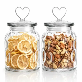 HomeyHoney Deko Glas mit Herzförmig Deckel, Candy Bar Gläser 2er Set | Runde Vorratsgläser mit Niedlich Deckel Küche als Spaßglas, Bonbonglas für Süßigkeiten, Kaffee, 650 ml, Edelstein Textur