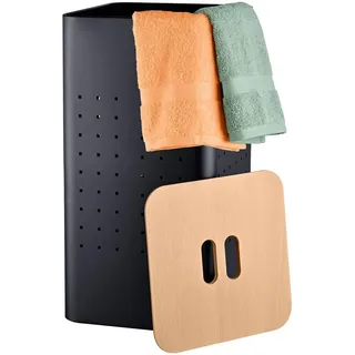 Relaxdays Wäschekorb Schwarz Metall mit Deckel Holzoptik 55 l , Metall, Holzwerkstoff , 31.5x56x31.5 cm , Badaccessoires