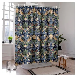 Duschvorhang von William Morris, Motiv: Erdbeerdieb, grün, geometrische Vögel, 180 x 180 cm, 1 Panel, wasserdicht, Polyester, Badezimmer, Kunst- und Bastel-Stil, Ösen, inklusive Haken - Grün