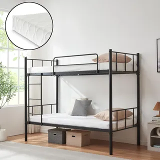 Metall Etagenbett 'Berimma' Hochbett mit 2 Matratzen Rausfallschutz und Leiter 90 x 200 cm Schwarz - Schwarz