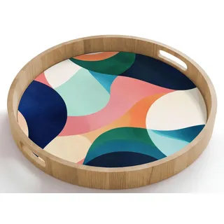 OnlyWow© Holztablett Küchentablett Servier Tablett Eiche Serviertablett | 50x50 cm - Rund - Eichenholz Servierplatte Mit Henkel Kaffeetablett Abstrakt - Blau - Rosa