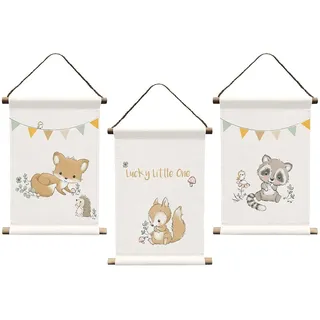 Herding babybest 3er-Set Wandbilder Waldfreunde, Kleine Baumwoll-Bilder für Baby- und Kinderzimmer, ca. 20x30 cm, 100% Baumwolle mit 2 Holzstäben