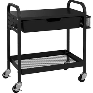 HOMCOM Rollwagen, Servierwagen mit 1 Schublade, 1 Ablage, Küchenwagen Aufbewahrungswagen mit Haken, Beistellwagen für Küche, Wohnzimmer, Stahl, Schwarz - Schwarz