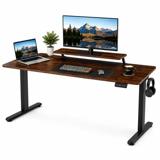 DUMOS Höhenverstellbarer Schreibtisch 160 x 60 cm, Elektrischer Schreibtische Höhenverstellbar, Gaming Tisch mit Monitorständer, Stehpult Verstellbarer Computertisch, Adjustable Standing Desk, Braun