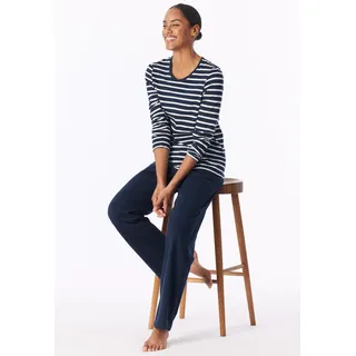 Schlafanzug SCHIESSER "Casual Essentials", Damen, Gr. 48, blau (804, nachtblau), Single Jersey, Obermaterial: 100% Baumwolle, gestreift, unifarben, bequem lang, V-Ausschnitt, Homewear-Sets Schlafanzug, Baumwolle, V-Ausschnitt, langärmelig