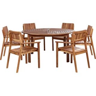 BELIANI Gartenmöbel Set Hellbraun Akazenholz 7-Teilig Runder Tisch  150 cm mit 6 Stühlen Lattenoptik Runstikales Design Outdoor Terrasse Garten - Braun
