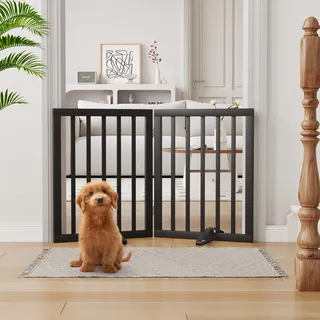 Semiocthome Bambus-Hundegitter für den Innenbereich, 2 Paneele, freistehend, Welpengitter für das Haus mit 2 Metallständern, 61 cm hoch, zusammenklappbares Holzgitter für Treppen, Tür, vollständig