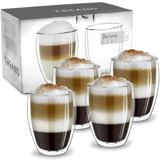 Creano doppelwandiges XXL Thermoglas 400ml, Extra großes hitzebeständiges Kaffeeglas/Teeglas/Latte Macchiato aus Borosilikatglas, 4er Set