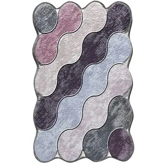Foutastic Moderne geometrische Badematte, 70 x 120 cm, Lila, Grau & Flieder | 100% Polyester, antibakteriell, rutschfest, 10 mm Florhöhe | Maschinenwaschbar