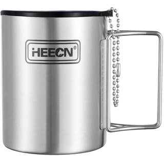 HEECN® Edelstahlbecher Klappbar mit Deckel - Camping Becher - Edelstahl Tasse - Thermo - Kaffeebecher - Doppelwandige Isolierbecher BPA-frei HESS-007R 330ml mit Versiegeltem Trinkdeckel