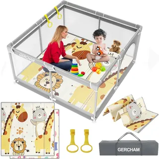 GERCHAM 120x120cm Laufstall Baby,Laufgitter Baby mit Matratze,Kinder Laufgitter mit Spielmatte 4 Saugnäpfen,Laufstall Baby Faltbar mit Schaum Matte,Atmungsaktivem Mesh Reißverschlusstür