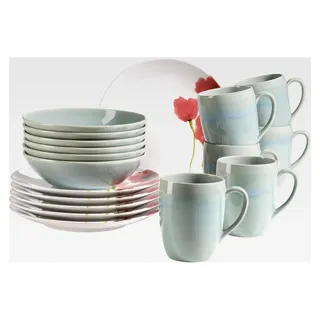 Ossia Aguarela Geschirrset für 6 Personen im Vintage-Look, 18-teiliges Keramik Frühstücksset mit Frühstücksteller, Müslischale und großen Kaffeetassen, Mohnblume, Steinzeug - Türkis