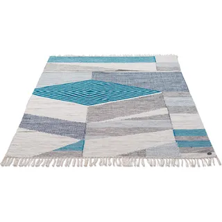 TOM TAILOR HOME Teppich "Modern Kelim" rechteckig 5 mm Höhe handgewebt, mit Fransen, Boho-Style, türkis