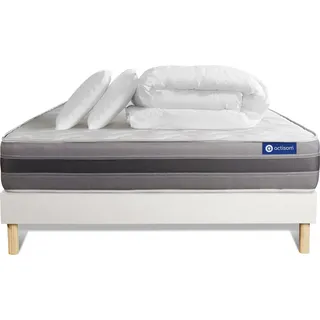 Komplettpaket Bett - Matratze 200x200 cm + Boxspringbett mit Lattenrost (im Set) + 2 Kopfkissen + Bettdecke - Actiflex Relax - Weiß