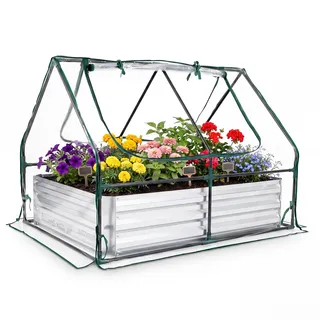 FANTASK Gewächshaus, Pflanzkasten-Set, 127 x 97 x 93 cm | Metall Pflanzkasten mit Hochbeet, PVC-Folie, 3 in 1 Rechteckiges Frühbeet für Garten, Terrasse, Balkon