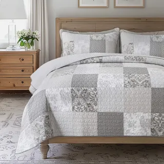 SLPR Silver Linings Baumwoll-Bettwäsche-Set – Doppelgröße mit 1 Kissenbezug, neutrales Patchwork-Design, Landhausstil, Silbergrau, Gesteppte Steppdecke, leichte Sommer-Tagesdecke im Bauernhaus-Stil