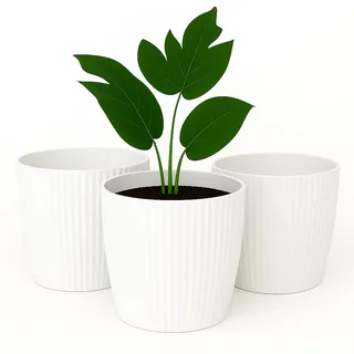 Home Garden Ornaments Blumentopf Set 3er – Kunststoff Übertopf, geriffeltes Design, modern & dekorativ, für Zimmerpflanzen (15,5 cm, Weiß)