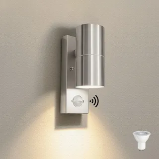 JNR Edelstahl LED Außenlampe mit PIR Bewegungsmelder, IP54 Wasserdichte Außenleuchte mit Bewegungsmelder 230V, Aussenlampe inkl. 5W GU10 3000K Warmweiß Glühbirne, Wandleuchte aussen innen, Silber