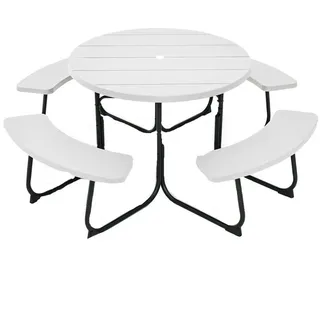 Costway Sitzgarnitur für 8 Personen, Gartenmöbel Sitzgruppe Picknicktisch mit Schirmloch, 4 Bänken & runder Gartentisch mit HDPE-Tischplatte Weiß - Schwarz, Weiß