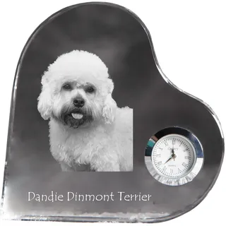 Dandie Dinmont Terrier - Kristalluhr mit einem Hundebild, Herzregal-Uhr, personalisierte Standuhr der Marke Art-Dog - Transparent