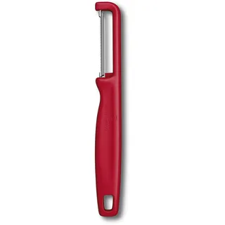 Victorinox Sparschäler "Iota", Schäler für Gemüse, Obst, Zackenschliff, Zweischneidig, Extra Scharf, Swiss Made, rot