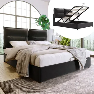 Flieks Polsterbett 140x200cm mit Lattenrost, Hydraulisches Boxspringbett mit Bettkasten und Stauraum, Stauraumbett Samt Doppelbett Jugendbett - Schwarz