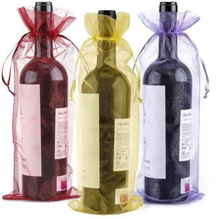 G2PLUS 30 Stück Bunte Organza Weintasche, 14x37CM Weinflasche Geschenkbeutel, 750ML Wein Organzabeutel mit Kordelzug für Wein Champagner Hochzeit Weihnachten Party