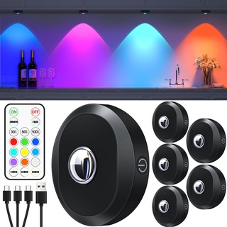 WILLED USB Aufladbar RGB LED Spots Akku mit Fernbedienung, Farbwechsel Led Unterbauleuchte, Magnetisch Dimmbar Akku Schrankbeleuchtung, Kabellos Vitrinenbeleuchtung mit Timing Funktion(6er Pack)