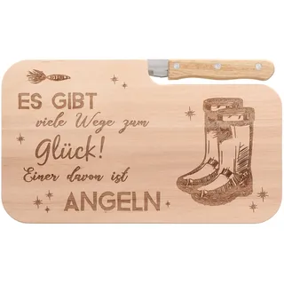 Spruchreif | Holz- Brotzeitbrett mit Messer „Es gibt viele Wege zum Glück...“ | Geschenkidee für Angler & Outdoor-Fans | Perfekt für Frühstück & Brotzeit