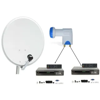 2 Teilnehmer Sat Anlage 60cm Stahl Satelliten Antenne TWIN LNB Kabel Receiver HD