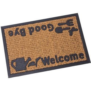 DRW Rechteckige Fußmatte aus Kokosfaser und Gummi mit Logo Welcome und Good Bye in Natur und Schwarz 40 x 60 cm