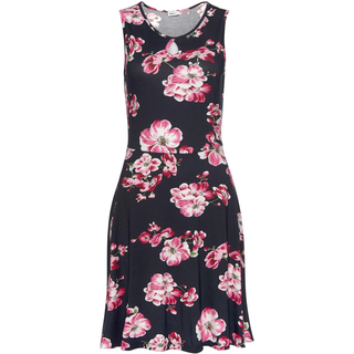 Sommerkleid BEACHTIME BY LASCANA "mit Blumenprint, tropfenförmiger Ausschnitt, taillenbetonter Schnitt", Damen, Gr. 46, N-Gr, blau (marine, bedruckt), Jersey, Obermaterial: 95% Viskose, 5% Elasthan, bedruckt, figurbetont kniefrei, Rundhals, Kleider Sommerkleid, Elastisches Jerseykleid, Strandkleid, Blumenkleid aus Viskose, Topseller