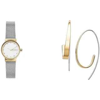 Skagen Damen Freja Lille Silberfarbene Edelstahl Uhr und Kariana Goldfarbene Ohrringe, Set