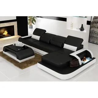 Wohnlandschaft Ecksofa Ledersofa Eck Couch Sofa mit Regal Polster Led Schwarz - Schwarz