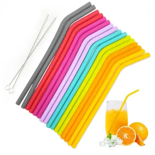 TSHAOUN 16 Stück Silikon Strohhalme Bunte Trinkhalme Wiederverwendbar Für Erwachsene Party, Bendy Silikonstrohhalme und 2 Bürsten, PremiumTrinkhalme Geeignet für Smoothie Cocktail.