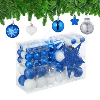 Relaxdays Weihnachtskugeln 101er Set, Kunststoff, Weihnachtsbaumdeko mit Kugeln & Spitze, Christbaumschmuck, blau/weiß