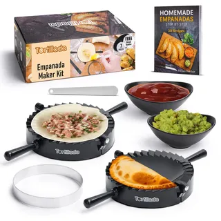 Tortillada – Empanadas Maker Formen 15,5 cm/Empanada Form Presse Set 7 teilig inkl. Rezeptbuch, Dipschalen, Ausstecher, Messer
