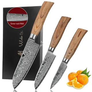 Wakoli EDIB Pro Damastmesser Set mit Gravur – Personalisiertes 3er Messerset, 16 cm, 11 cm & 8 cm Klingen aus 67 Lagen Damaststahl (VG10-Kern), ergonomische Pakkaholzgriffe – in Holzbox