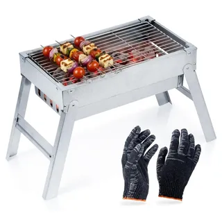 Vilde | Campinggrill Edelstahl Klappbar - 46x21x27 cm - Reisegrill mit Handschuhen - Silber